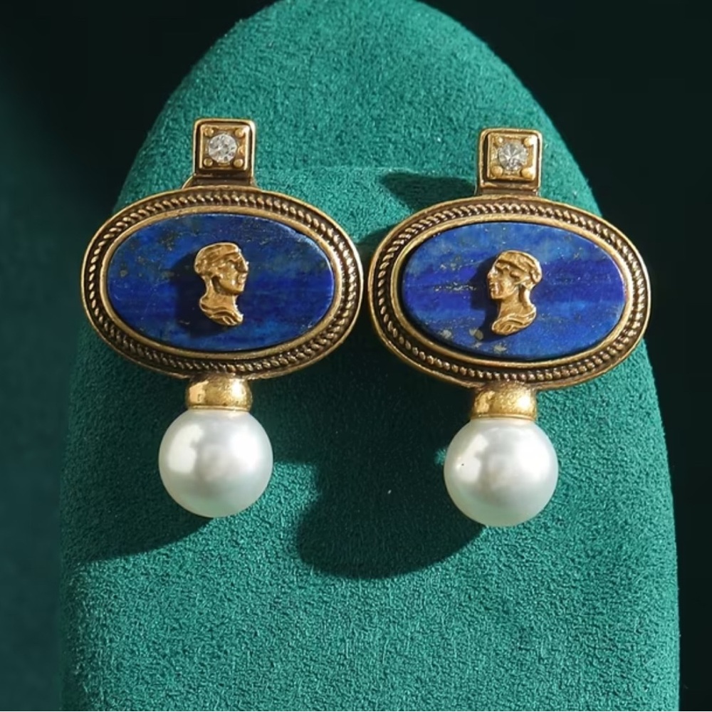 Gold-Tone Lapis Cameo Pearl Drop Earrings - Blue and White